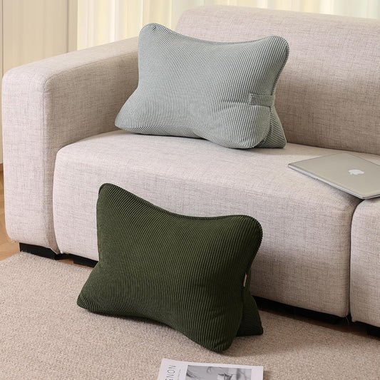 Corduroy Lumbar Support Back Pillow for Sitting Up & Reading, Ergonomic Triangle Back Support Cushion for Sofa, Armchair & Bed, Removable Washable Cover, Grey Green