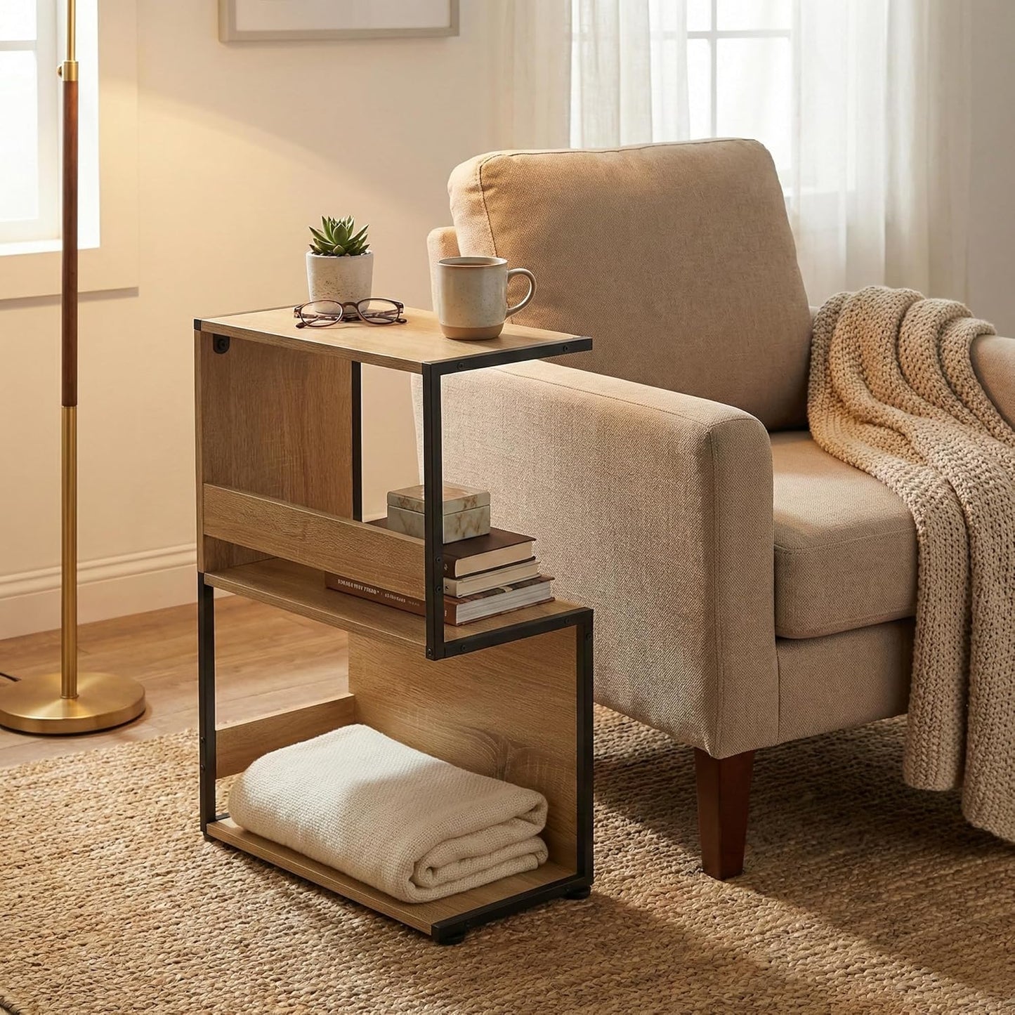 Bookshelf, Small End Table, S Shape Bookcase W/ 2-Layer Storage Shelves, Sofa Side Table for Small Spaces, Nightstand for Bedroom, Living Room, Stable Frame, Oak