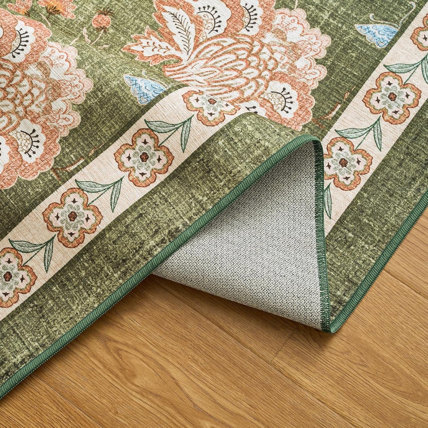 jinchan Elora Floral Corner Rug for Living Room Washable Bedroom Rug Vintage Romance Design Non Slip Quarter Circle Lightweight Low-Pile Throw Carpet for Reading Nook Playroom,6ft Radius, Green