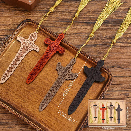 4 Pieces Sword Bookmarks with Tassel, Vintage Bookmarks for Reading, Personalized Wooden Bookmark, Unique Pattern Bookmark Engraved, Birthday Gift for Men, Women, Girls, Boys