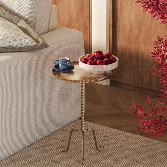 Vintage Bronze Round Metal Side Table with Raised Rim, Twisted Pedestal and Curved Tripod Base, Compact Art Deco Drink Table,13" Accent Table for Living Room, Bedroom or Corners (1, Bronze)