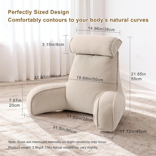 Reading Pillow for Sitting Up in Bed, Corduroy Backrest Pillow with Arms, Side Pocket & Washable Cover, Bed Rest Back Support for Adults, Teens & Kids, Dark Grey