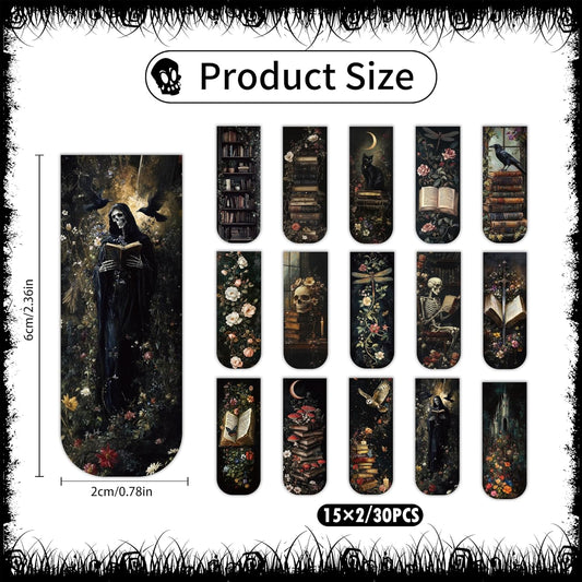 30PCS Dark Academia Magnetic Bookmarks Set, Aesthetic Gothic Skull Cat Rose Owl Book Mark Clips, Vintage Witchy Dark Romance Accessories for Women Men Students Book Lovers, 0.7×2.6in