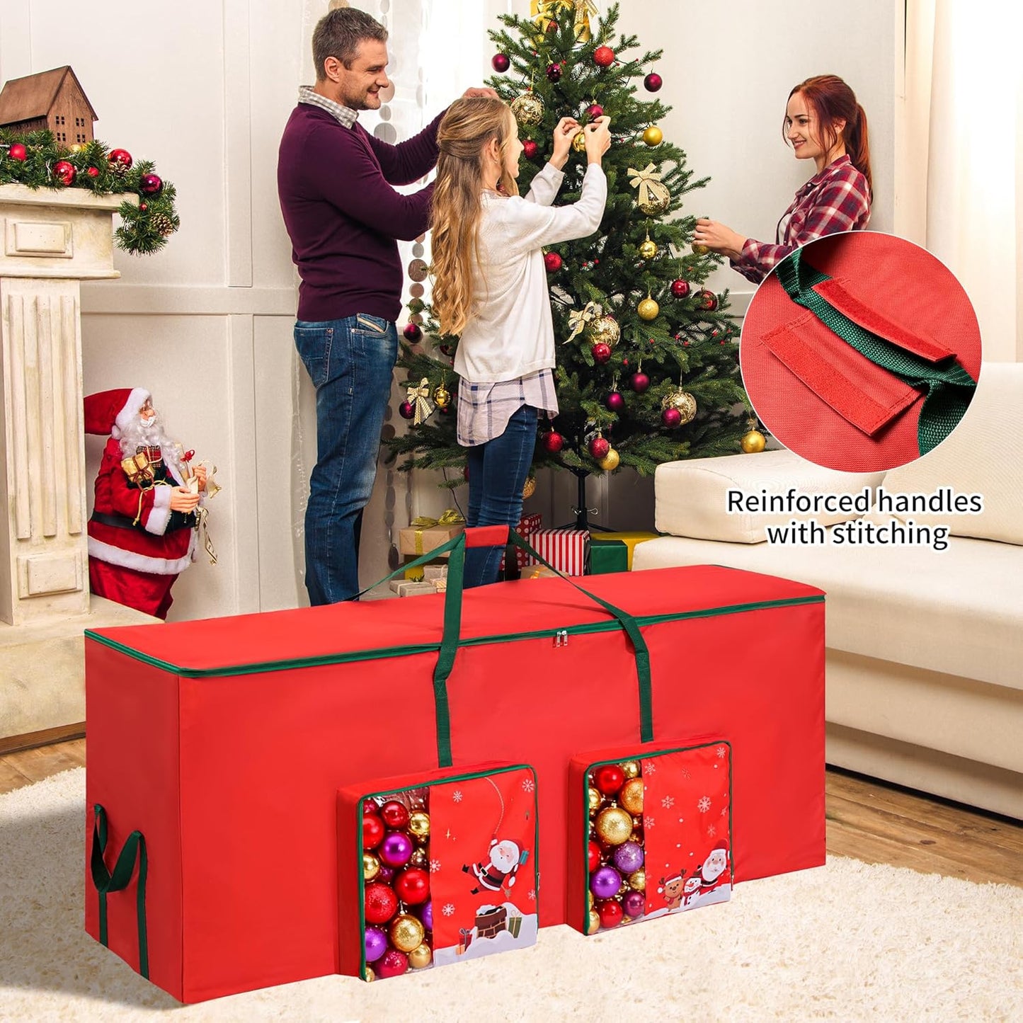 Christmas Tree Storage Bag, Heavy Duty 600D Waterproof Oxford Fabric Fits Up 9 FT Xmas Trees, Moistureproof Artificial Trees Container with Reinforced Carry Handles & Dual Zipper, Red
