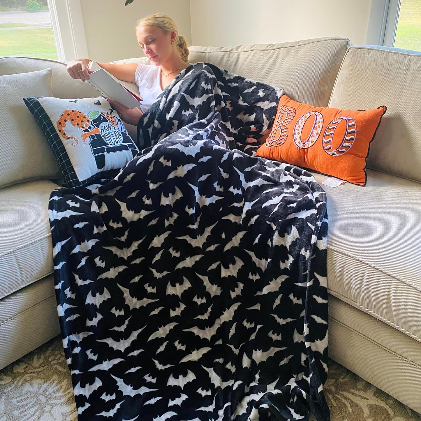 Spooky Halloween Throw Blanket for Couch or Sofa: Silver Night Bats on Black Design on Soft Velvet Fleece Oversized 50" x 70"