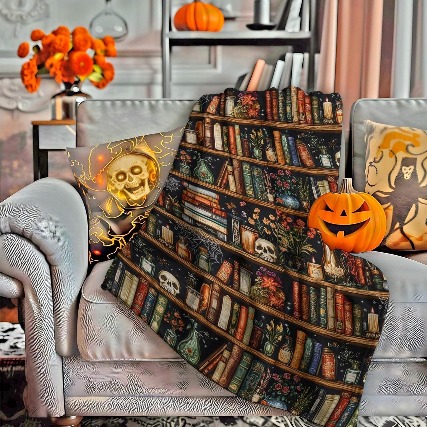 Halloween Bookshelf Blanket for Book Lovers 60"x50", Fall Throw Blankets Lounging Blanket for Reading Area Couch Office Reading Area Bookworm Adults, Wife