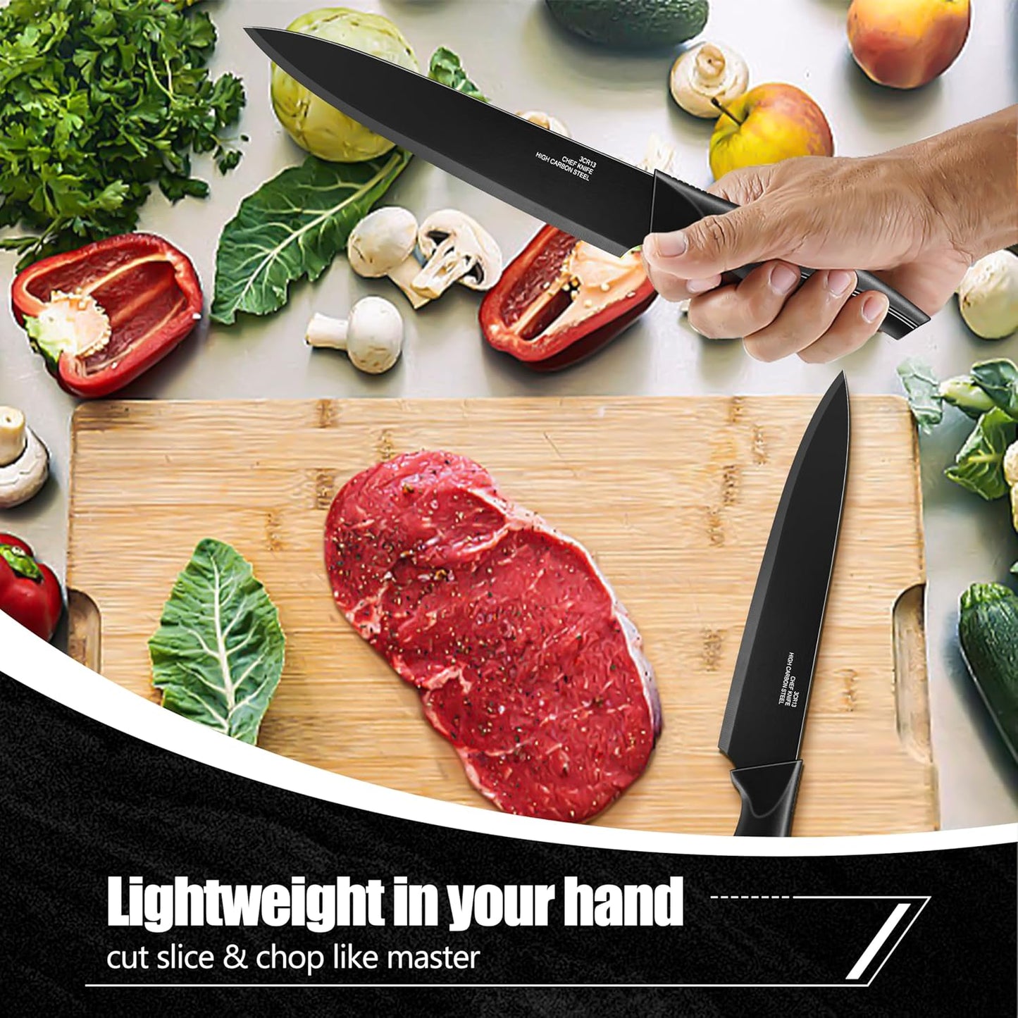 HaWare Knife Set, 21 Pieces Stainless Steel Kitchen Knife Block Set, Black Chef Knife Sets with 6 Steak Kinves, Measuring Spoon & Slicer for Home, Sharp Blade & Light Weight Cutlery, Ergonomic Handle