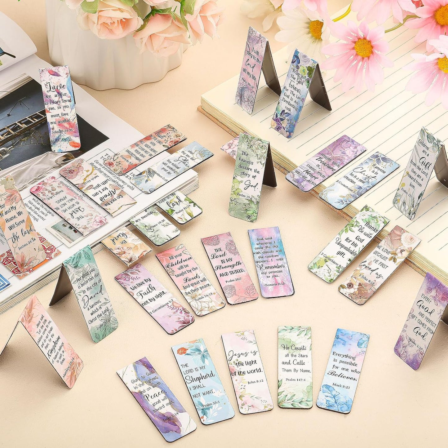 Chinco 30 Pcs Magnetic Christian Bookmarks - Bible Verse Inspirational Scripture Page Clips, Religious Prayer Bookmarks for Women, Kids, Teachers, Church Supplies & School Gifts (Floral)