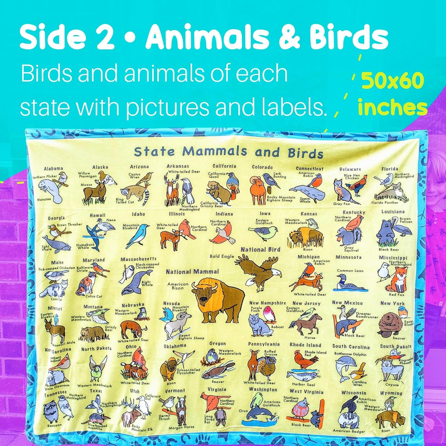 Birdy Boutique – 50 States Learning Blanket® – Double-Sided Throw – U.S. Geography Educational Blanket for Kids – Soft Minky Fleece 50" x 60" PreschoolBlanket – USA Map & State Facts for Toddlers