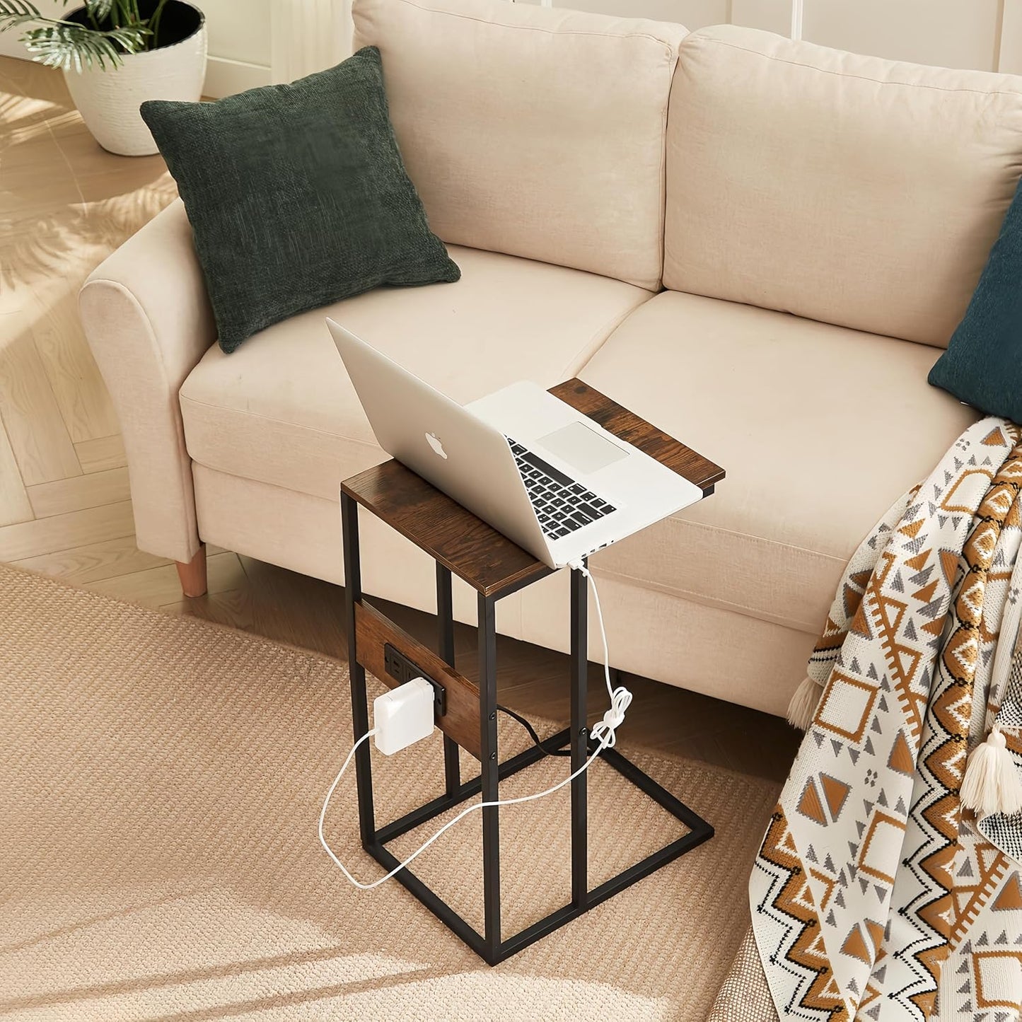 BUDOME C Shaped Side Table with Charging Station, End Table with Outlets, Sofa Table with USB C Ports, C Table with Premium Surface and Metal Frame for Living Room