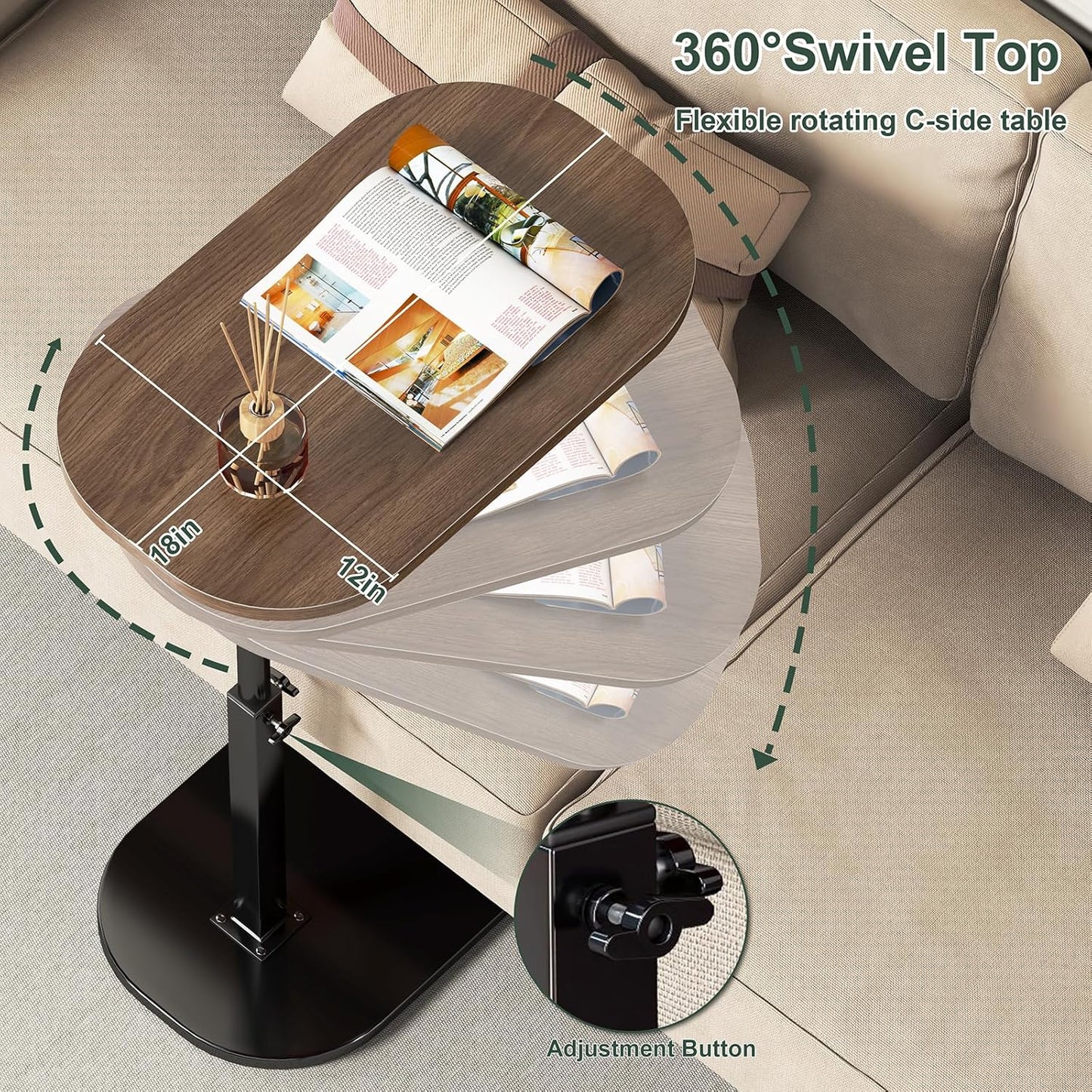 C Shaped Side Table, Adjustable Height C Shaped End Table, 360°Swivel Couch Side Tables that Slide Under, Modern Small Coffee C Table End Table for Sofa/Bed/Bathtub, Rotating Tabletop (Rust Brown)