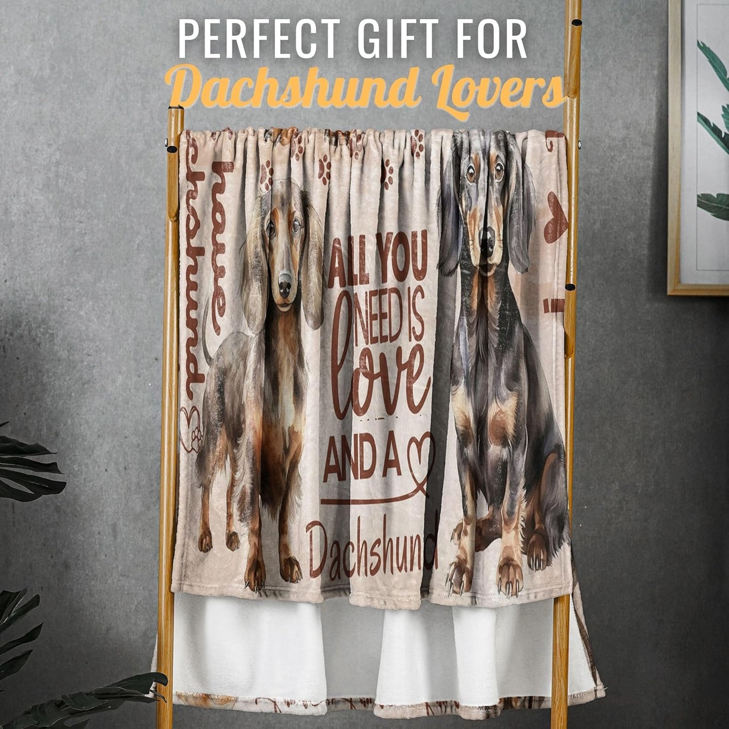 Dachshund Gifts for Women, Weiner Weenie Flannel Throw Blanket for Dog Mom Dad Owner, Beige, 50x65 Inches