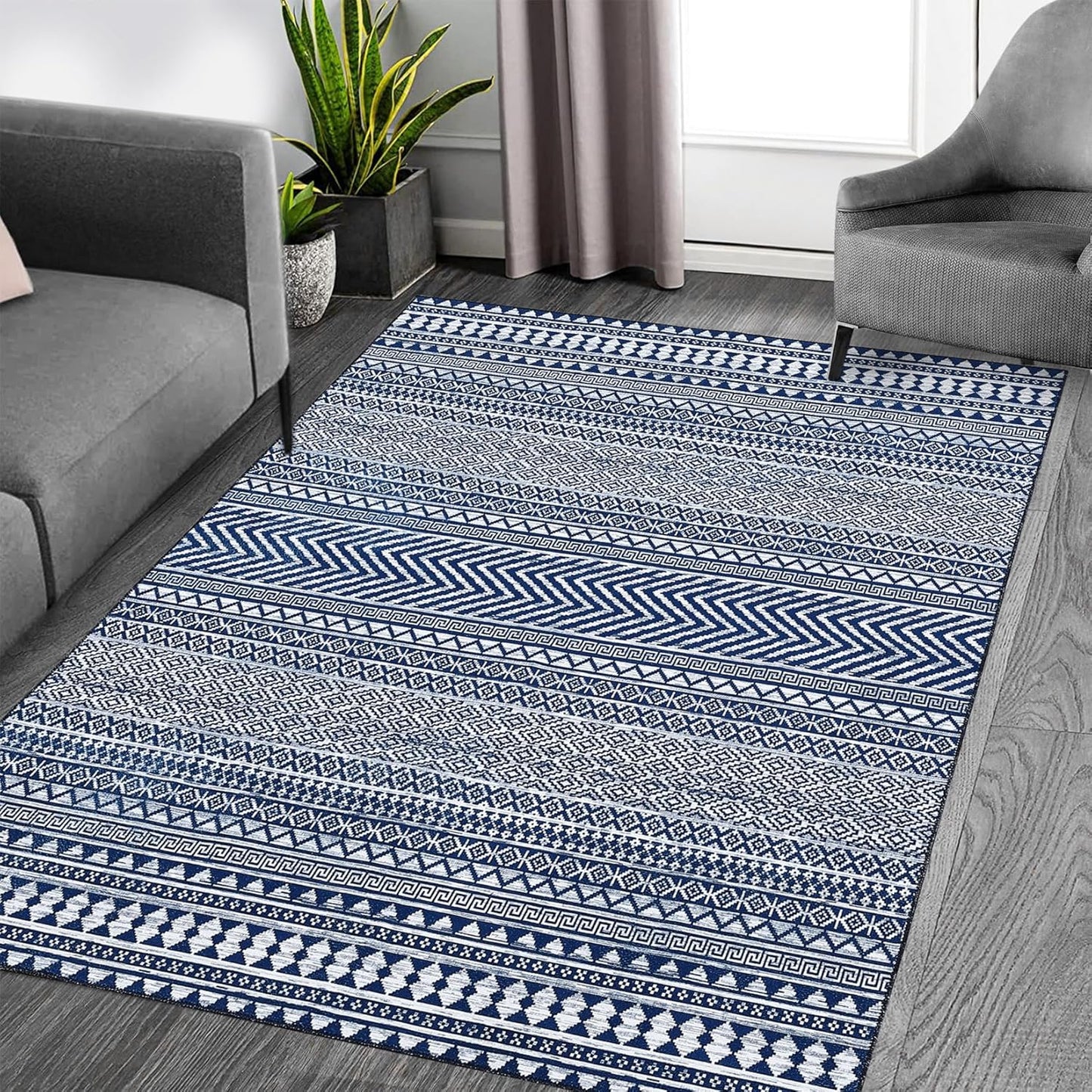 WESTLOOM 9x12 Large Living Room Rug Washable Rug Indoor Non-Slip Boho Rug Moroccan Rug Stain Resistant Geometric Carpet for Bedroom Home Office, Blue