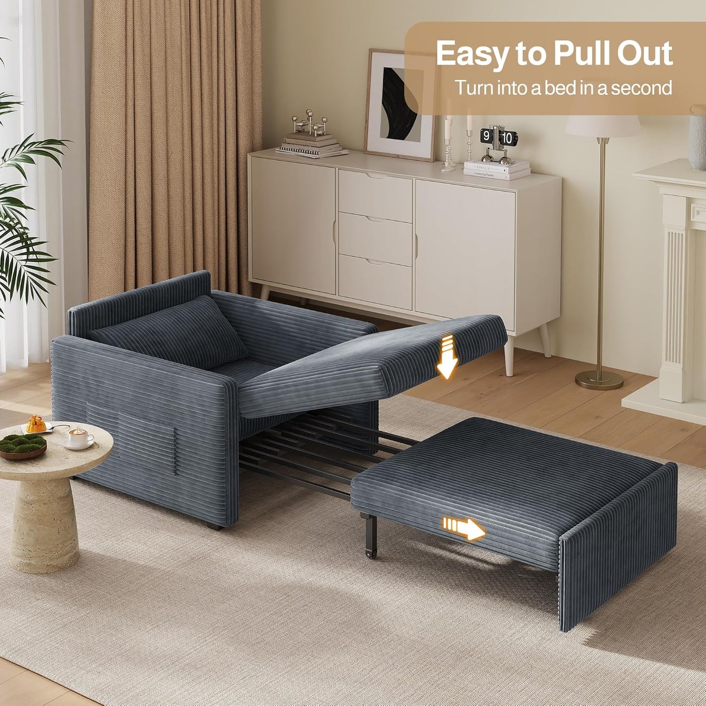 Ahomly 3 in 1 Pull Out Sleeper Chair, 75.2" Long Convertible Sofa Bed for Adults, Corduroy Armchair Chair Bed & Single Sleeper with Pillow for Dorm/Bedroom, Dark Grey