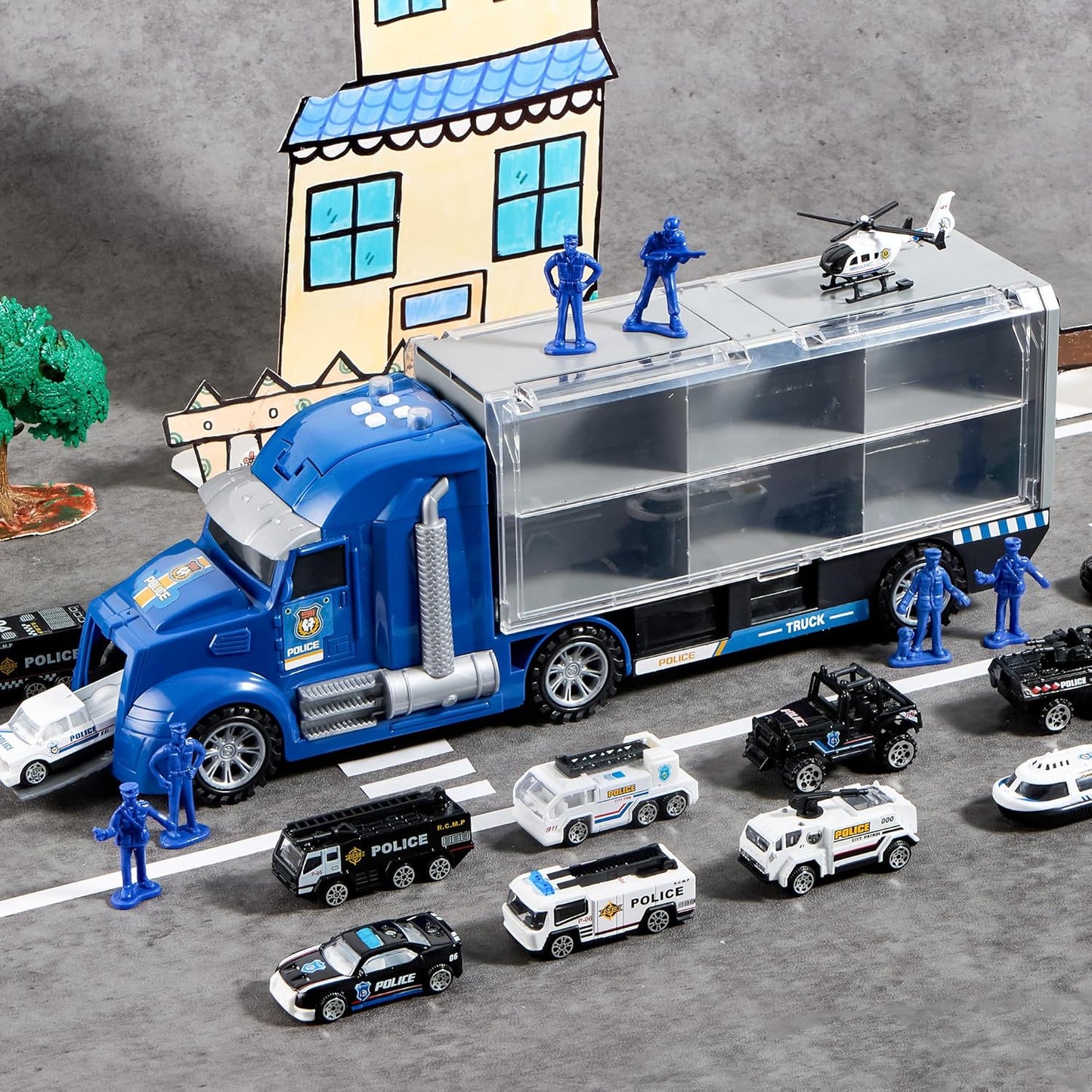 JOYIN 25 in 1 Police Rescue Truck Car Toy Set with Sounds and Lights, Mini Vehicles in Carrier Truck, Play Police Patrol Rescue Vehicle Toy, Birthday Gifts for Over 3 Years Old Boys, Easter Basket
