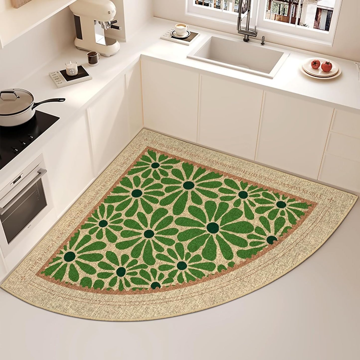 SHIYUE Triangle Corner Rug Kitchen Rugs Washable Non Slip Area Rug Water, Comfort Soft Rubber Standing Sink Mat Bathroom and Bedroom Laundry Mat(32in Green Flower)