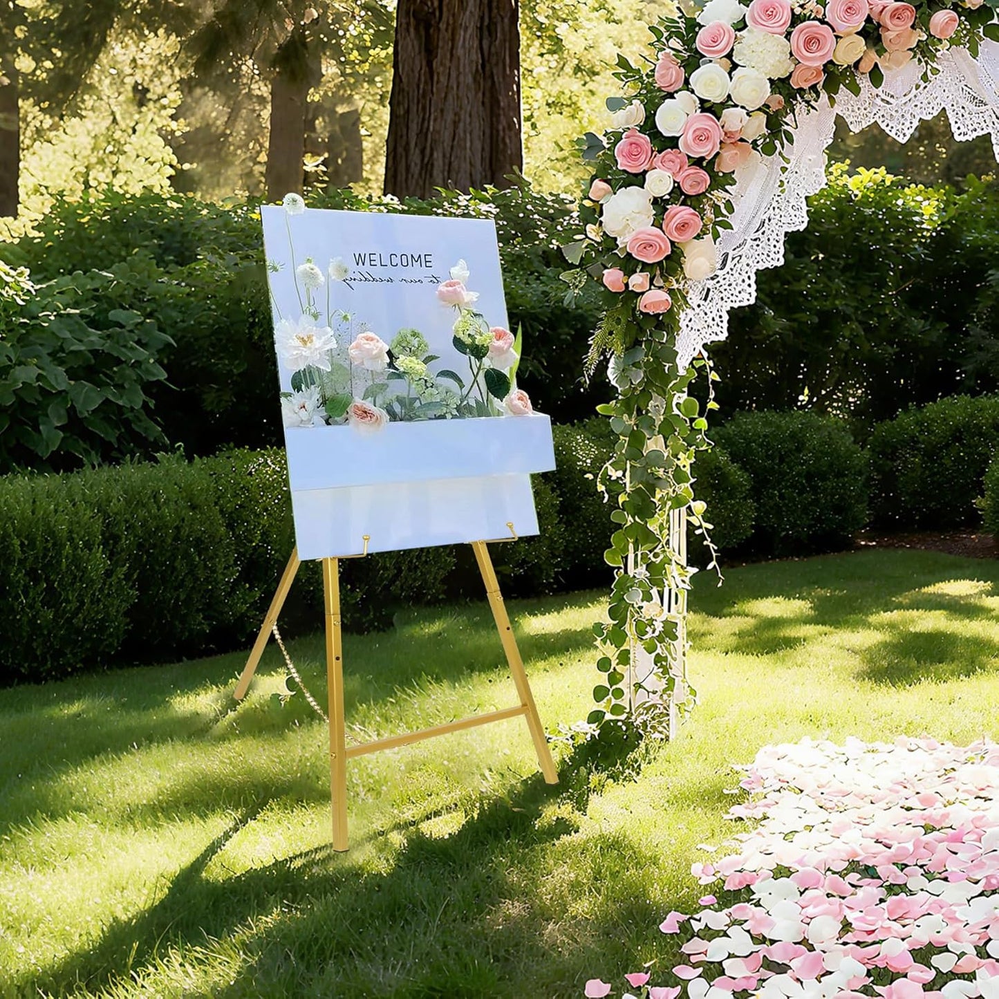 Gold Easel Stand for Sign, Adjustable Metal Display Easel 4-Tier Height Large Artist Display Easels for Painting Wedding, Baby Shower, Birthday Party and Commercial Display