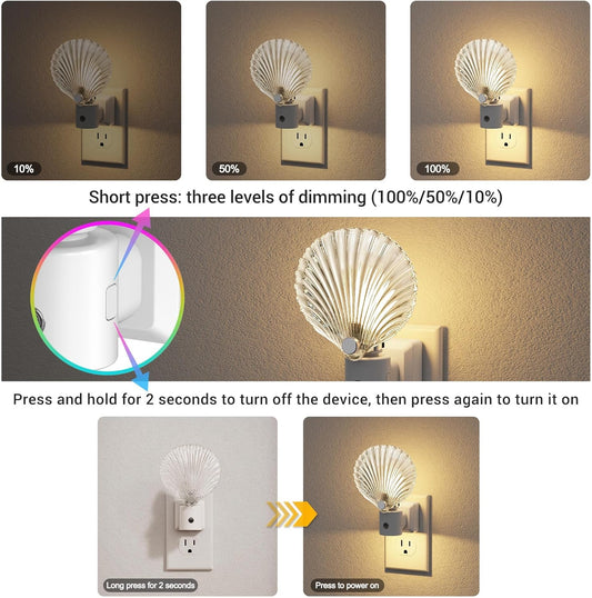 JandCase Night Light, Night Lights Plug into Wall, 2 Pack Dusk to Dawn Sensor Seashell Nightlights, 3000K Soft White Brightness Adjustable Nightlight for Kids Bedroom Hallway Kitchen