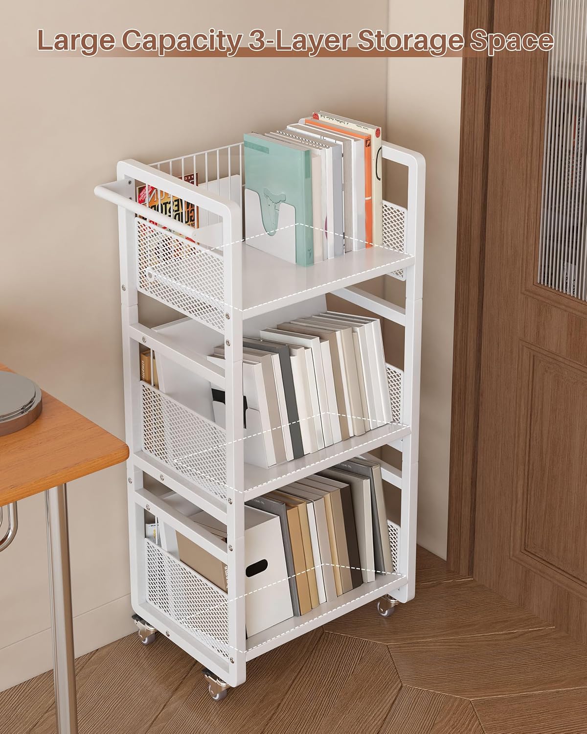 UMDONX Heavy-Duty Double-Sided Book Cart with Silent Wheels and 3 Magnetic Book Shelves, Rolling Book Shelf, Library Book Cart, Suitable for Home, Office, or School (White)