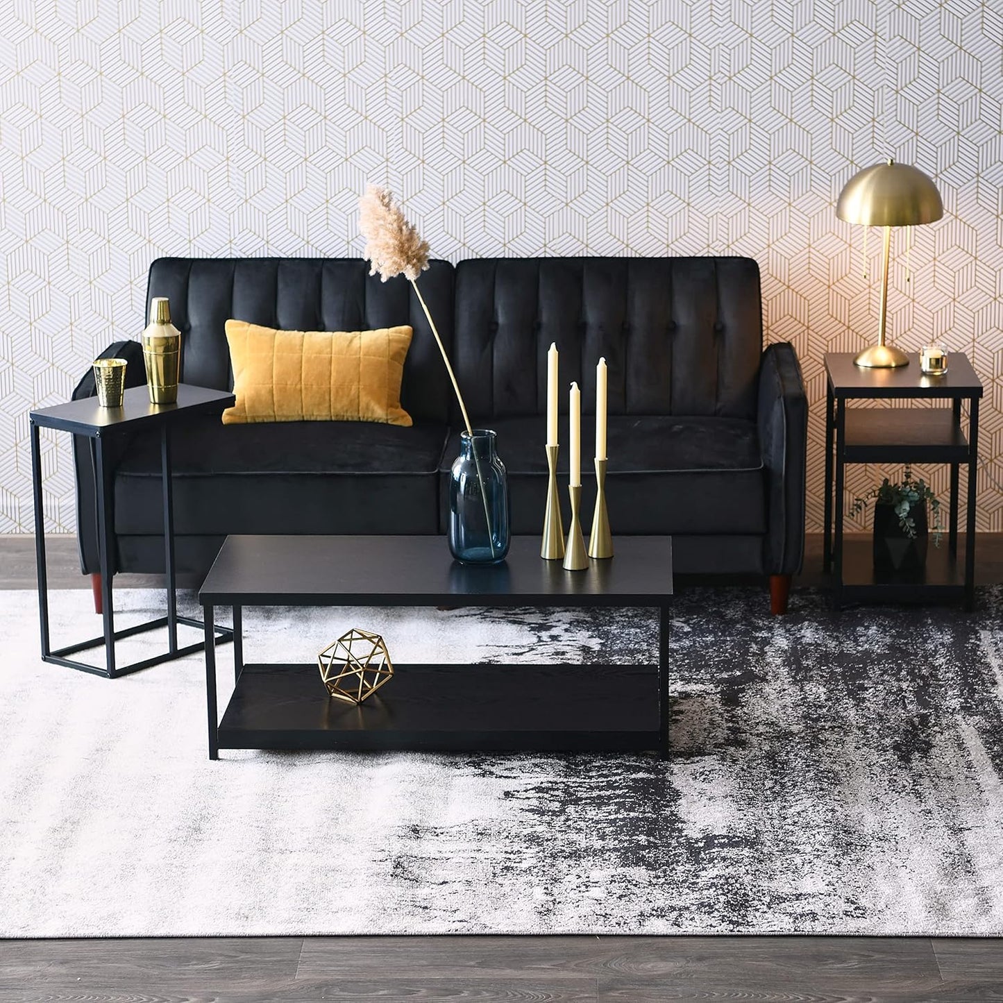 Household Essentials Jamestown C-Shaped for Accessibility Side End Table Black Oak Wood Grain and Black Metal
