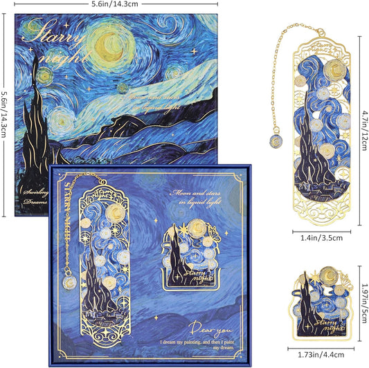 Luxury Metal Bookmark & Book Clip Gift Set, Oil Painting Themed Starry Night, 1 Bookmark with Pendant + 1 Book Clip, Elegant Christmas New Year Gift Box for Women Book Lovers Writers Readers Teens