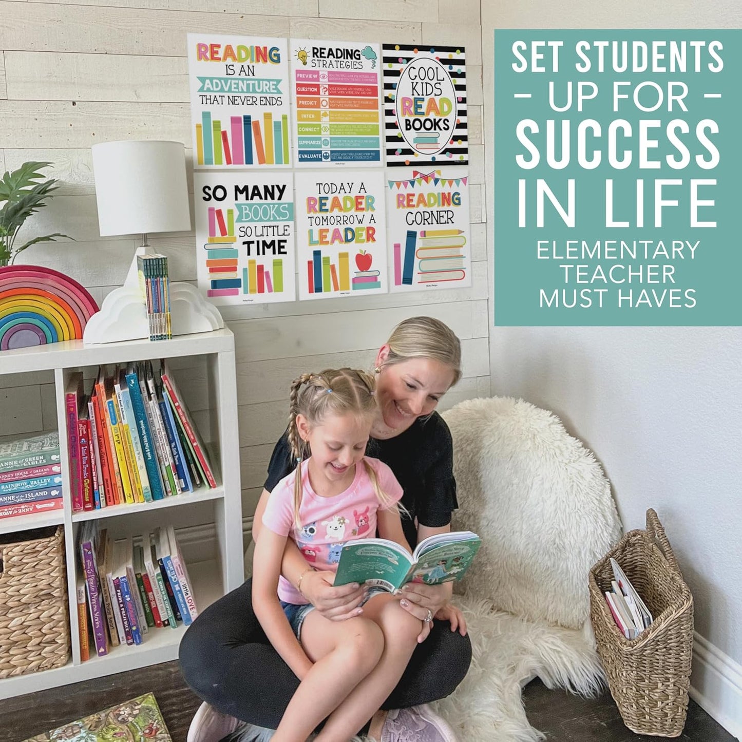 Hadley Designs Motivational Reading Posters for Classroom Elementary –6 Reading Strategies Posters for Classroom Library Decor, Read Corner School Library Poster, Colorful Bulletin Board Decorations