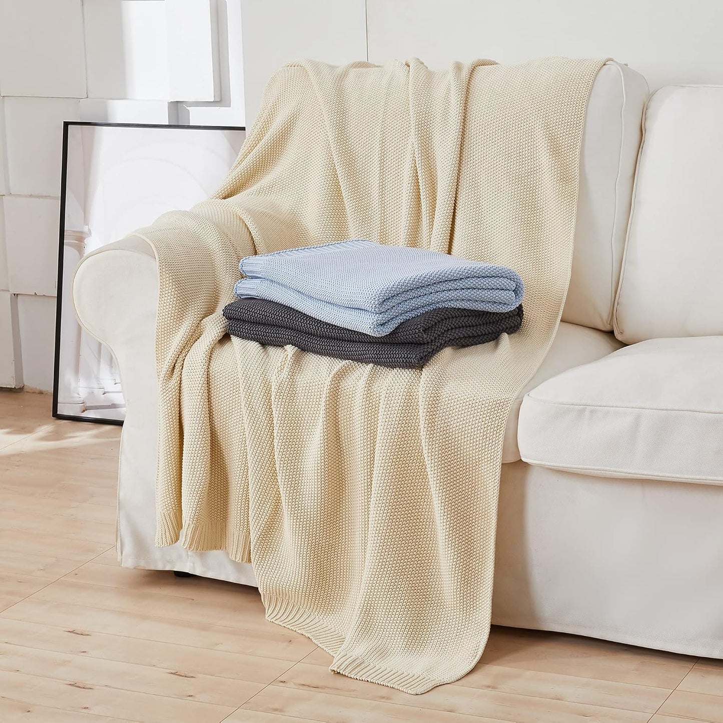 Longhui bedding Cotton Cable Knit Throw Blanket for Couch Sofa Bed, Home Decorative, Lightweight Woven Blankets with Bonus Laundering Bag, 50“ x 60”, Beige