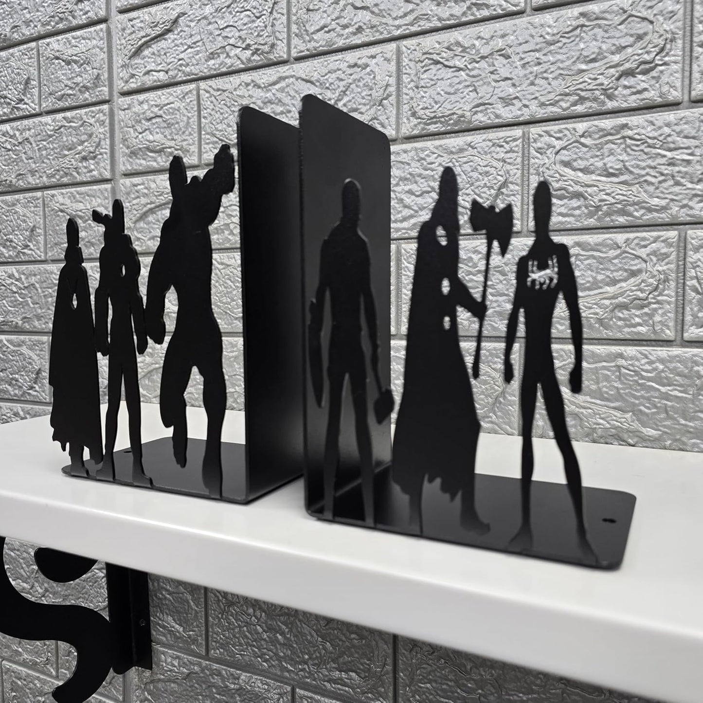 Superhero Metal Bookends, 8 inch Height, 11 inch Width, 4 inch Depth, Black Powder Coated, 3 lbs, Decorative Bookends for Shelves
