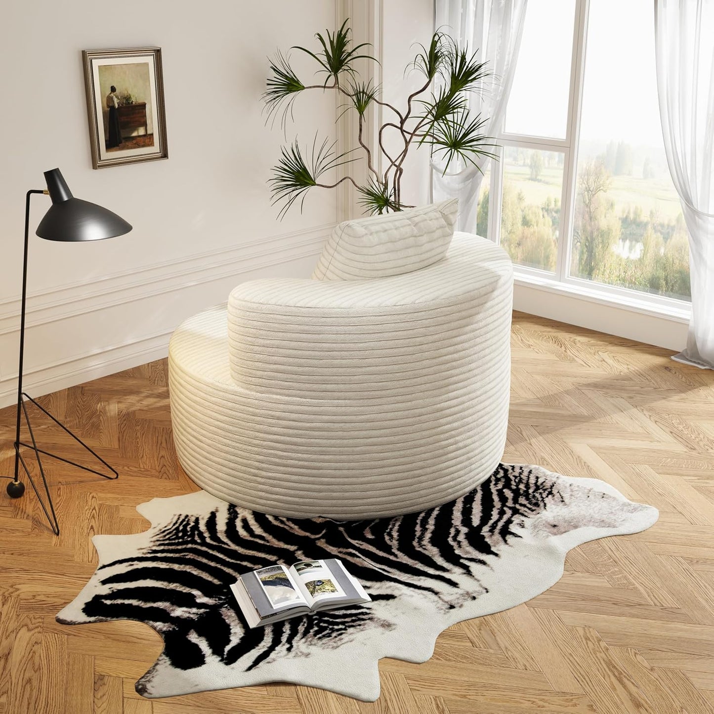 37.4" Boneless Round Chair, Oversized Chaise Lounge Cloud Chair Indoor, Upholstered Corduroy Deep Seat Sofa Accent Chair, No Assembly Required, for Living Room Bedroom Apartment