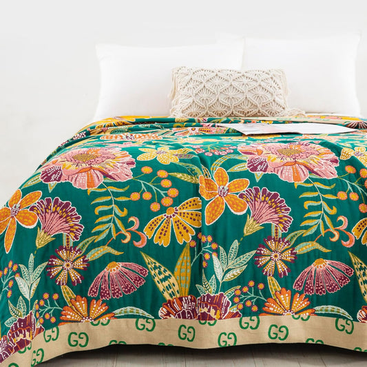 100% Muslin Cotton Throw Blanket for Bed Couch Chair, Bohemian Floral Colorful Retro Quilt Ultra Soft Reversible Gauze Blanket for All Season, 80"x90"