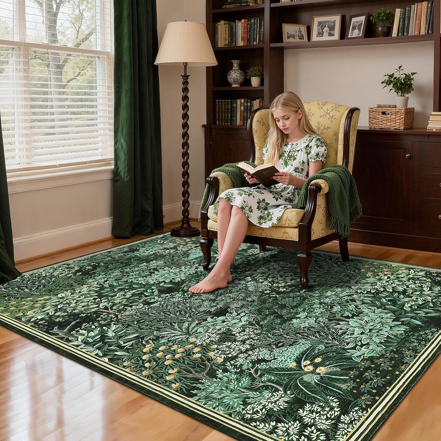 GarveeHome Forest Rugs 8x10, Dark Green Washable 8x10 Area Rug for Living Room, Botanical Low Pile Non Slip Stain Resistance Large Carpet for Office Dining Room, Farmhouse