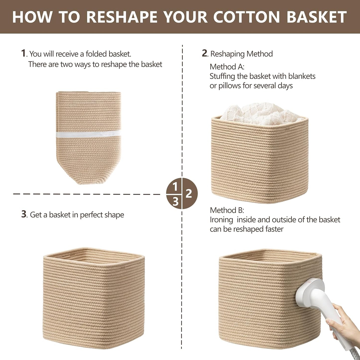 joybest 13x13x13 Inch Cube Storage Bins Set of 4, Cotton Rope Woven Organizer Basket for Shelves, Cube Bin Square Shelves Organizer Closet Storage, Nursery, Toy Organization, Brown