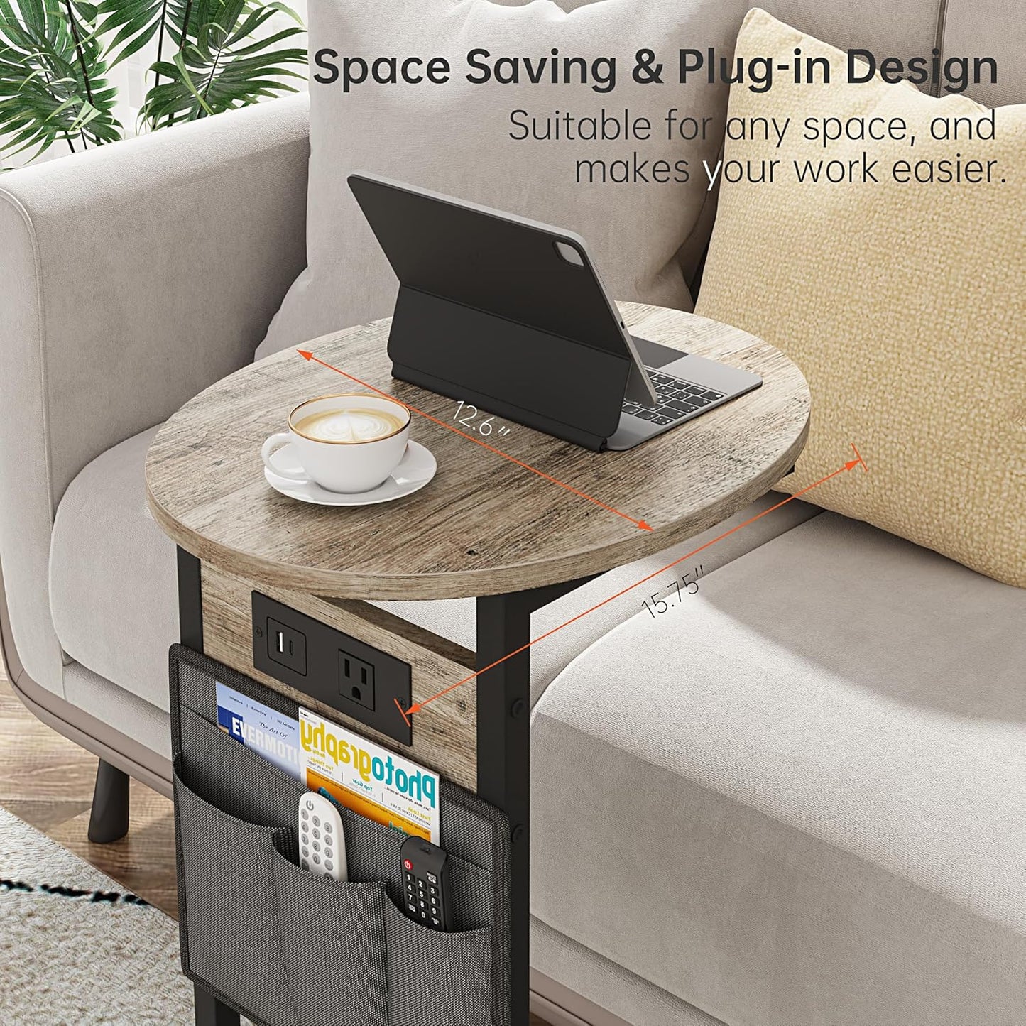 Vagusicc C Shaped End Table with Charging Station, Small Side Table for Couch, Slide Under Sofa Table for Living Room Bedroom, Round Couch Side Table, C Table for Couch Snack Table TV Tray, Greige