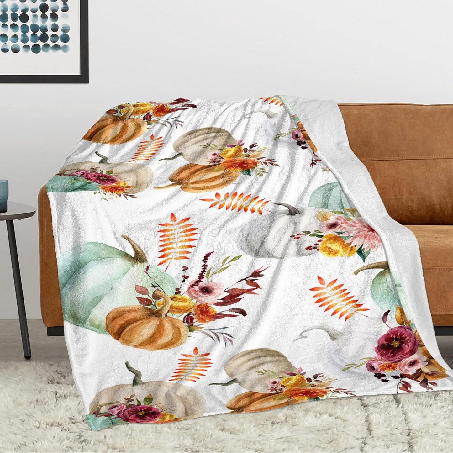 Autumn Decor Fleece Throw Blankets, Fall Decor Throw Blanket with Pumpkins Leaves for Bed Couch Sofa, Lightweight Soft Warm Fuzzy Cozy Flannel Blanket 50" x 60"