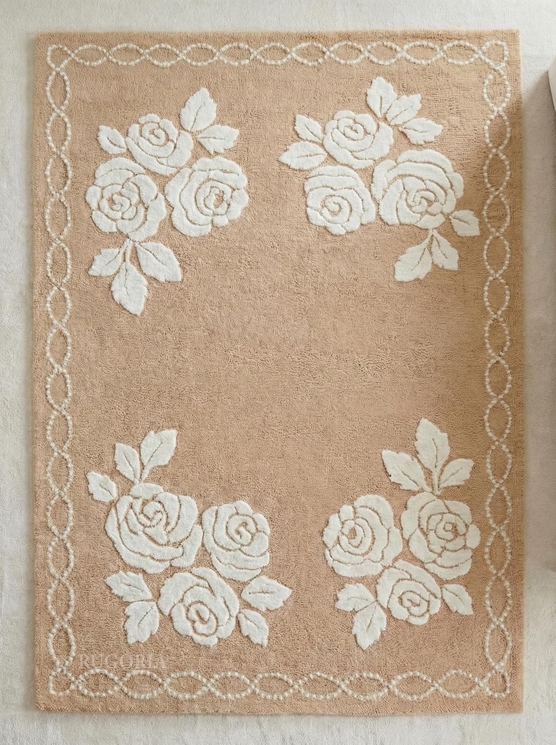 Floral Hand Tufted Wool Area Rug, Rose Pattern with Chain Border, Soft, Plush & Durable Carpet with Cotton Backing for Living Room, Bedroom & Home Interior (Warm Sand, 3' x 5')