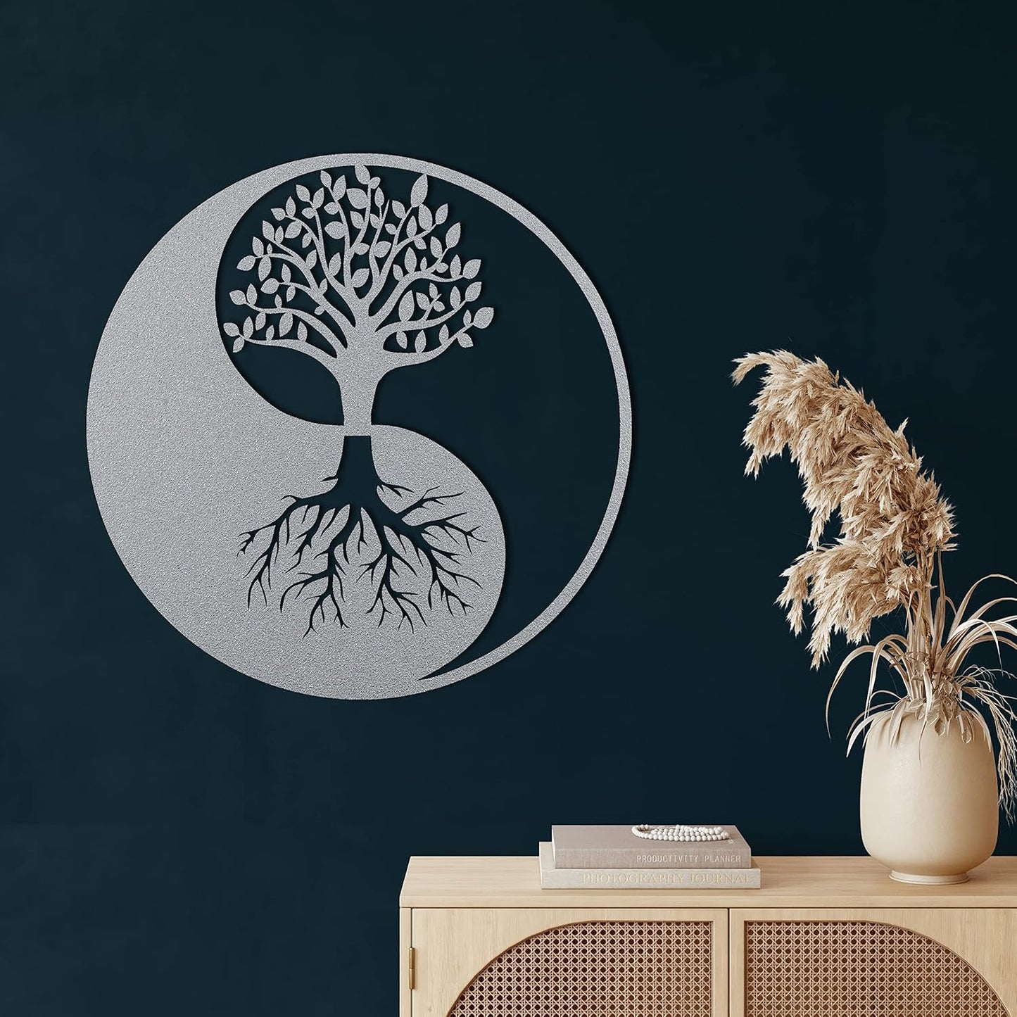 DEKADRON Metal Wall Decor, Tree Of Life Ying Yang, Home Living Room Decor, Wall Sign, Metal Wall Art, Interior Decoration, Indoor Outdoor Hangings, Silver (90x90cm)