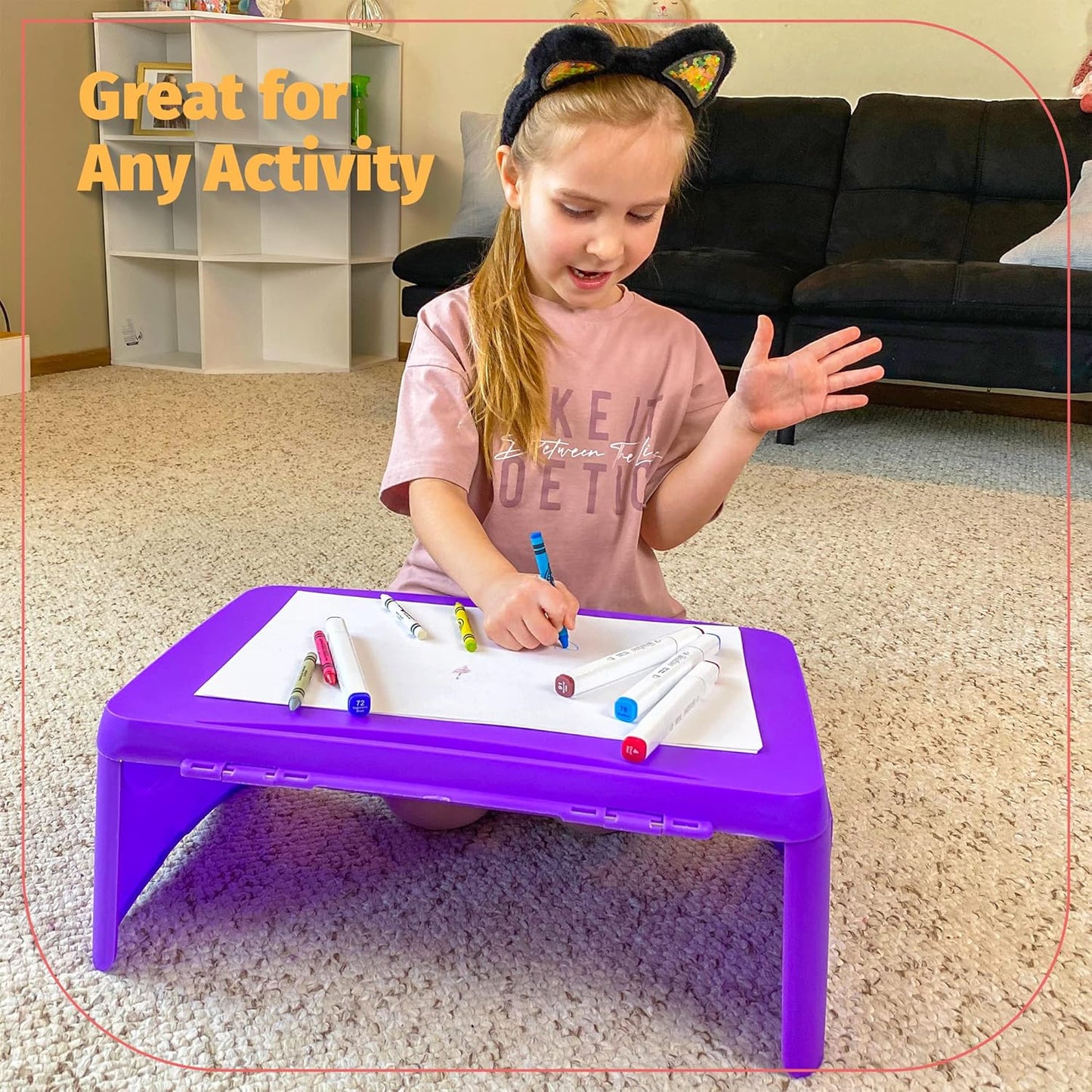 Pink Folding Lap Desk - Foldable Table for Work, Study, Gaming, Arts, Crafts, School - Collapsible Laptop Tray with Storage Compartment - Portable Writing Station for Kids, Adults