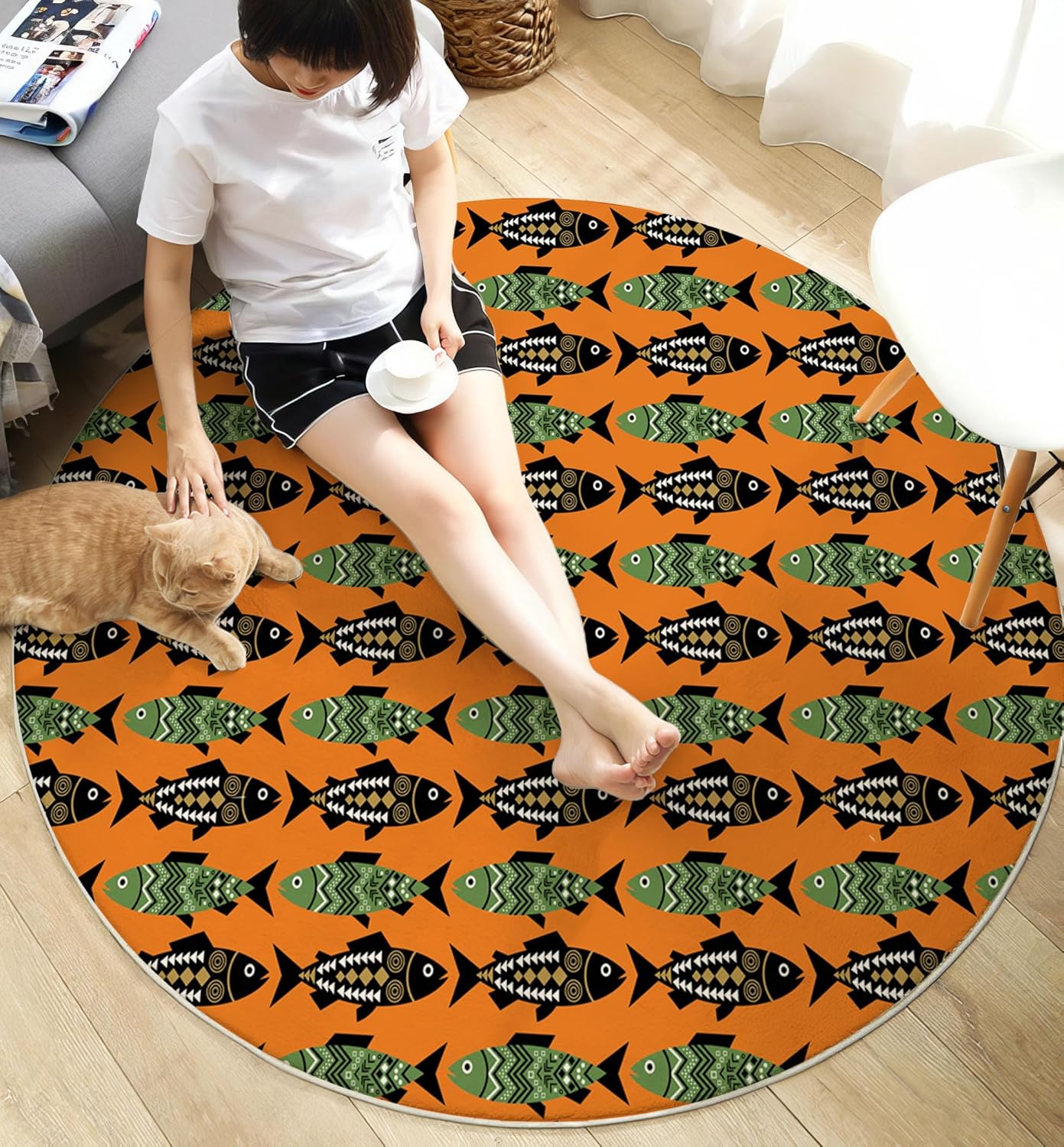 6Ft Round Washable Rug - Large Area Rug for Living Room Dining Room, Orange Soft Bedroom Carpet with Tribal-Style Fish Poster Pattern, Geometric Animals Décor, Low Pile Stain Resistant