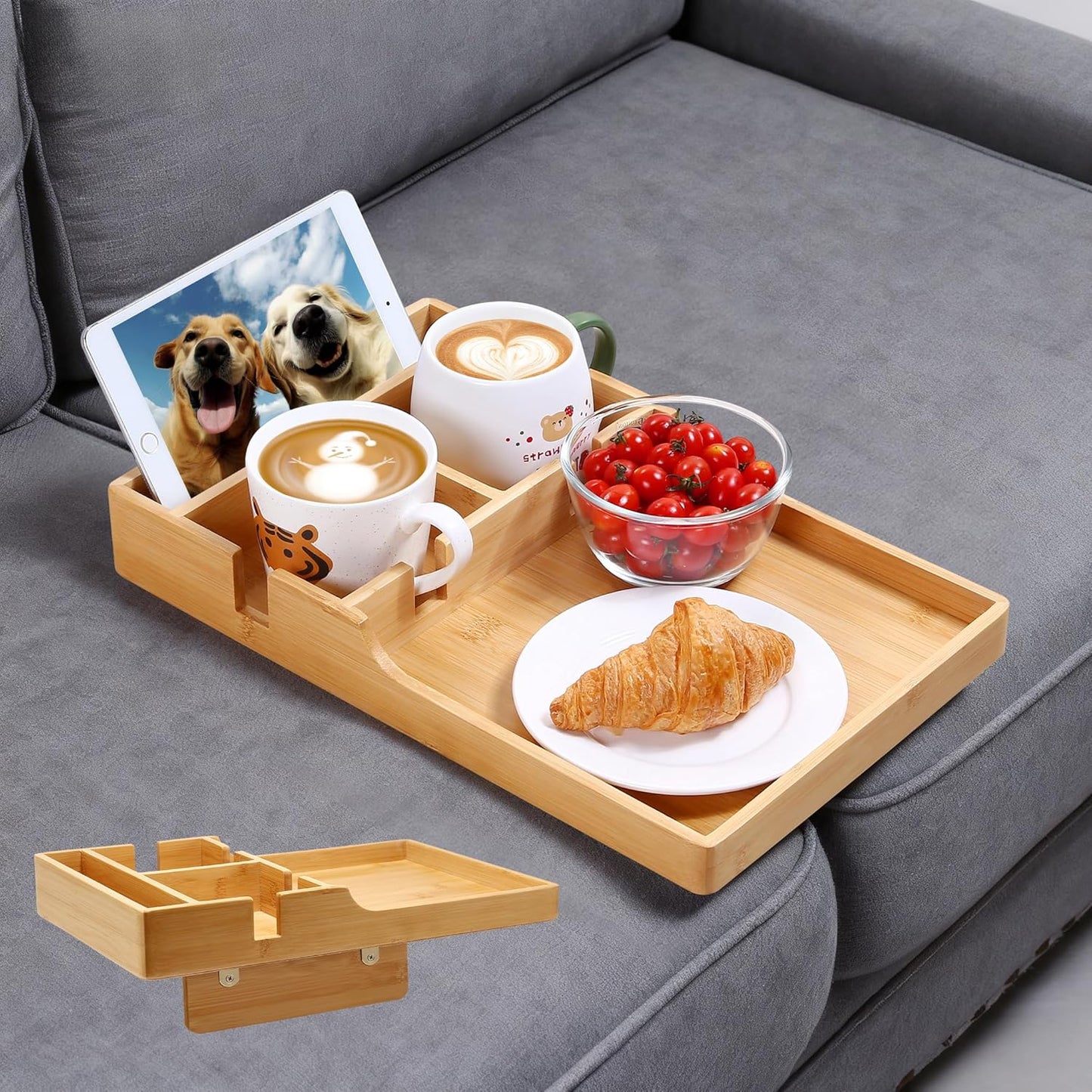 Nnewvante Couch Tray, 2-in-1 Insert & Flat Sofa Organizer Bamboo with 2 Cup Holders,Fits Seat Gaps or Ottomans,for Snacks, Drinks, Remotes,15.35x9.84-inch