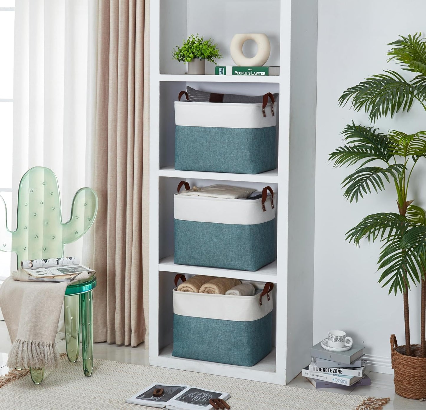DECOMOMO Extra Large Storage Baskets, Fabric Storage Bins with Handles for Organizing Shelves, Toys, Nursery, Laundry (Green & White, 3pcs)