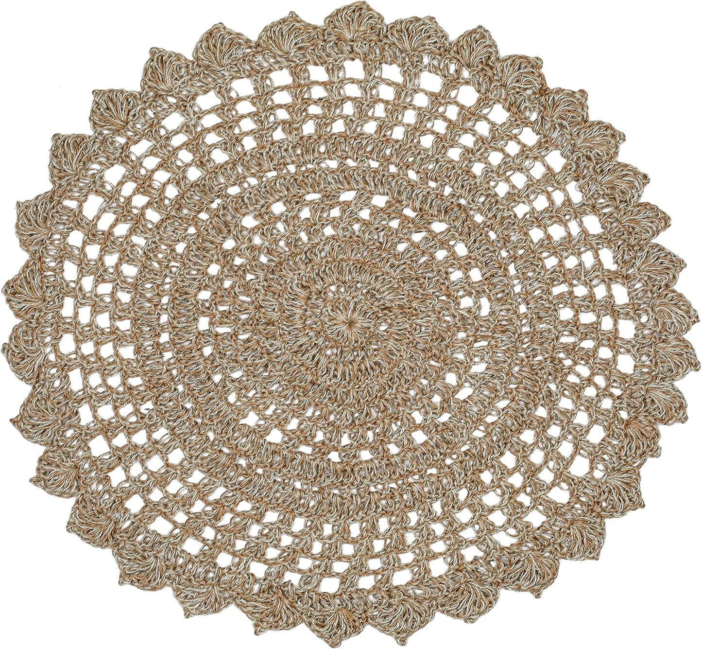 Jute Hand Crochet Rug, Natural/Spa Grey - 3 Feet Round, Non Slip Decorative Accent Floor Rugs for Entryway, Kitchen, Living Room, Nursery | Farmhouse Small Scalloped Rustic Door Mat for Patio Décor