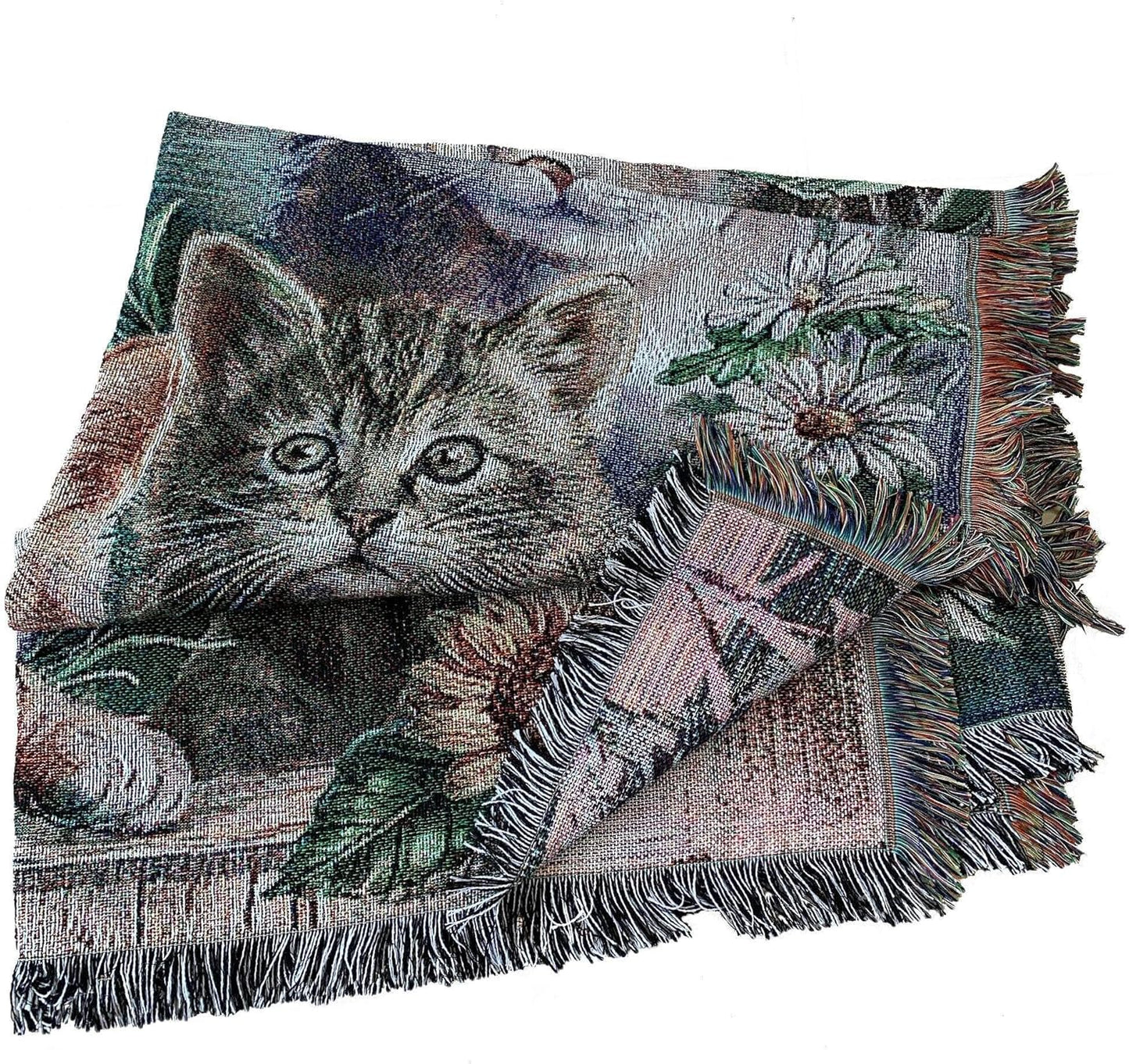 Garden Cat Flower Woven Tapestry Throw Blanket Wall Hanging Art Handicrafts Jacquard Multipurpose Soft Travel Mat Outdoor with Fringe Tassels 50 X 60 Inches