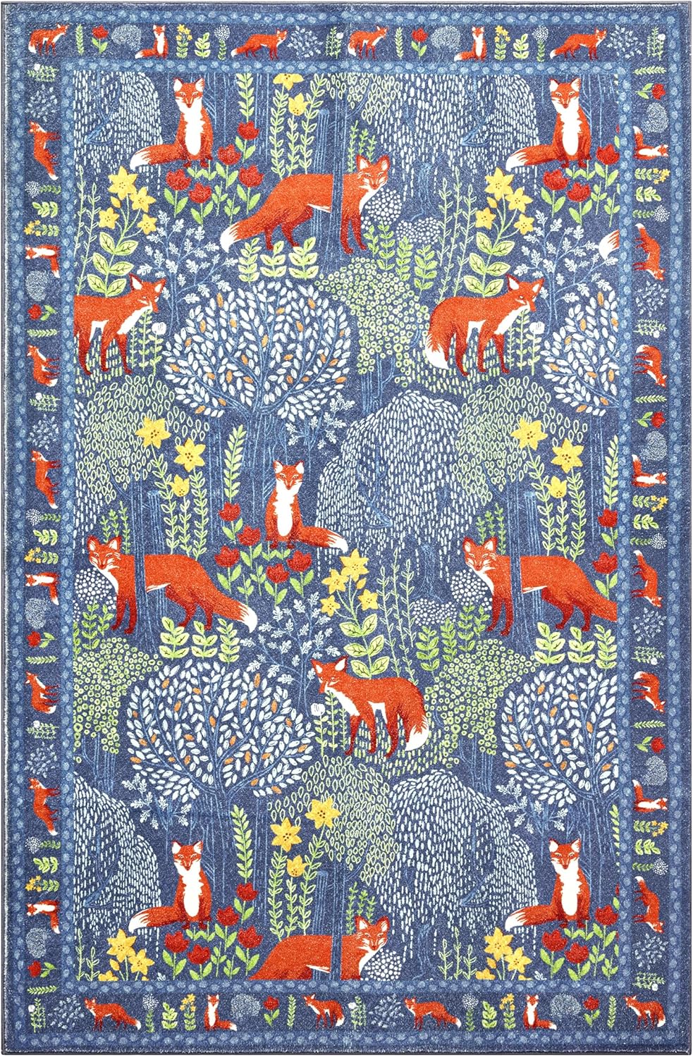 Cute Woodland Forest Living Room Rug Vibrant Blue Botanical Floral 8x10 Area Rug Washable, Whimsical Nature Animals Kids Rug Boho Vintage Aesthetic Carpet for Nursery Dining Room Entryway Bedroom