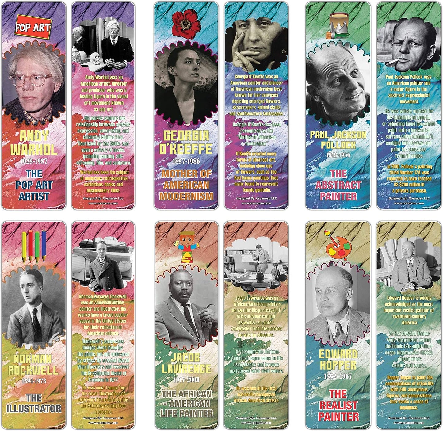Creanoso Historical Fact American Famous Artists Bookmark Cards (60-Pack) – Learning Reading Bookmarks Collection Set – Stocking Stuffers for Boys, Girls, Kids – Classroom Incentives - Gift Tokens