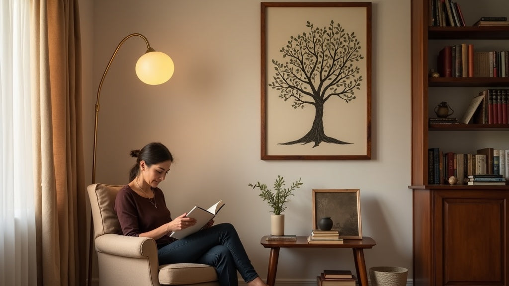 Wabi Sabi olive tree wall art in a cozy reading nook with a comfy armchair