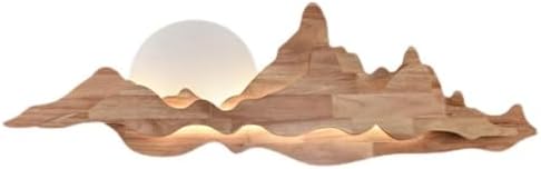 Chinese Style Mountain Landscape Wall Sconce - 42W Dimmable LED Solid Wood Lamp with Moon Design for Zen Decor in Living Room, Bedroom & Tea Room, 80cm Walnut Finish (Wood)