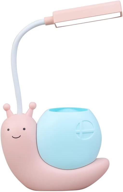 Cute Kids Lamp with Pen Holder,LED Desk Lamp for Child,Snail Shape USB Charging Student Learning Eye Protection Lamp with 360° Bendable Adjustable Neck Pink
