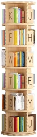 360° Rotating Kids Bookshelf Tower, Solid Wood Revolving Bookcase with Letter Baffle, Space-Saving Storage for Children's Room, Study, Playroom, A6