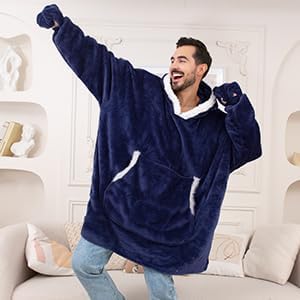 JOYWOO Navy Foldable Wearable Blanket Hoodie with Gloves,Oversized Cat Lovers Sweatshirt Blanket for Adult,Birthday Gifts for Men,Dad,Husband Cozy Sherpa Hooded Blanket with Giant Pocket Winter Gifts