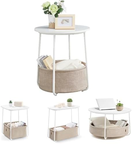 VASAGLE Side Table with Fabric Basket, Round Small End Table, Modern Nightstand, Round Coffee Table